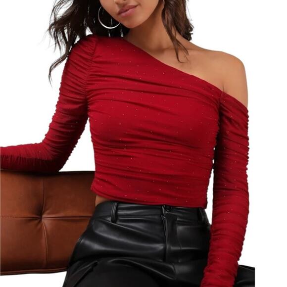 Lulus Popular Sparkle Wine Red Rhinestone Asymmetrical Crop Top size S NWT - Picture 1 of 6